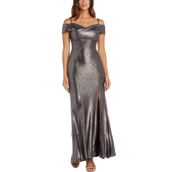 Nightway Petite Off Shoulder Metalic Gown Dress Size 4P - Picture 1 of 12